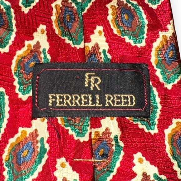 Ferrell Reed Abstract Red Paisley Made in USA Silk Tie - Picture 3 of 5